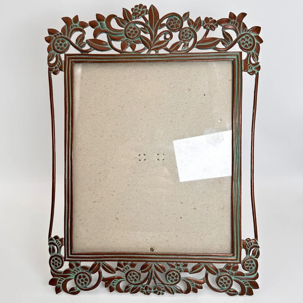 Vtg 8x10 Floral Cast Metal Picture Frame Copper Tone Turquoise Verdigris Photo